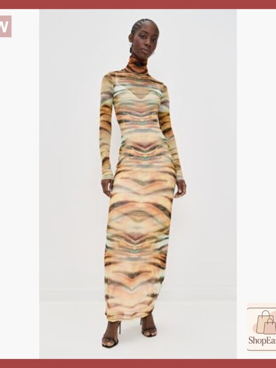 Maxi Mesh Dress Elegant Chic Casual Long Sleeve Mock Neck Stretch Pullover - Picture 2 of 6